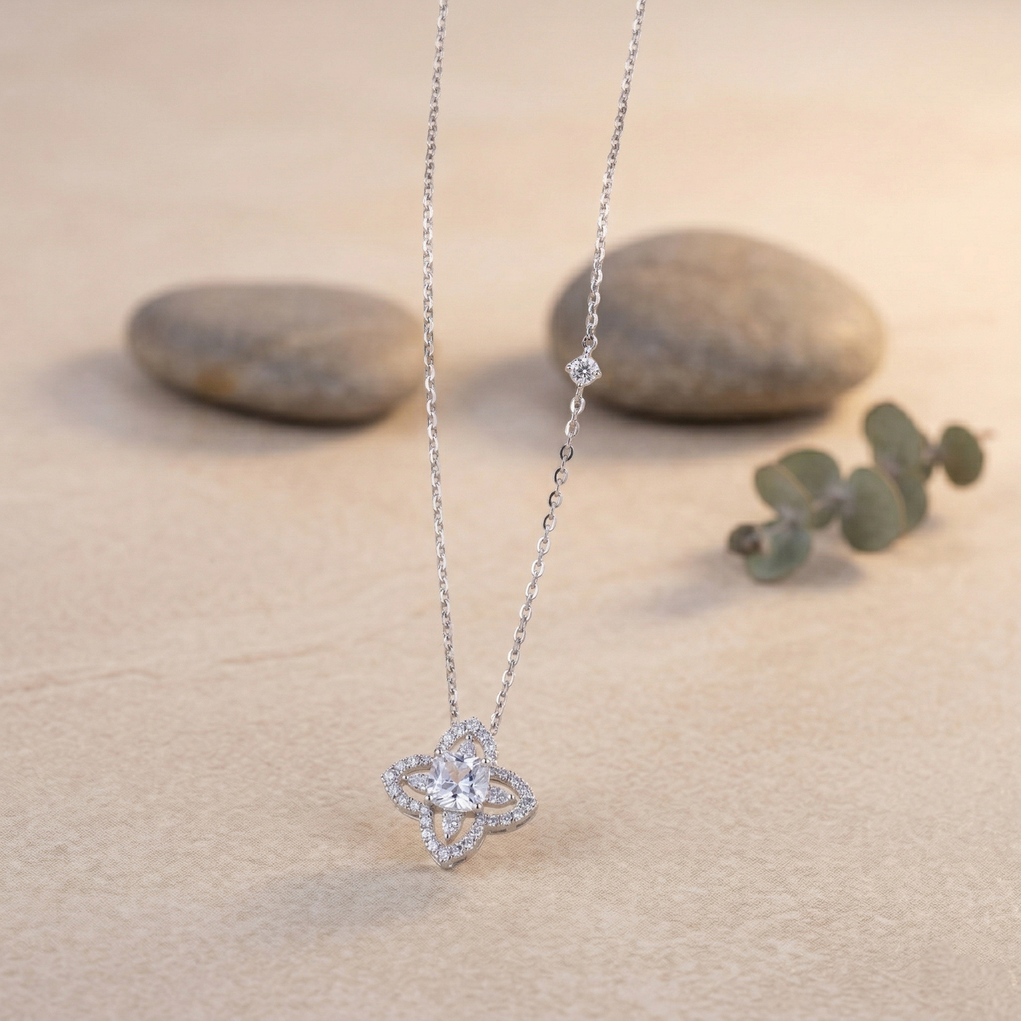 elegant four-petal halo crystal pendant chain in 92.5 sterling silver
