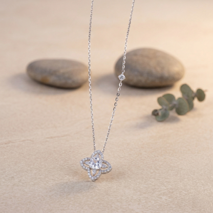 Elegant Four-Petal Halo Crystal Pendant Chain in 92.5 Sterling Silver