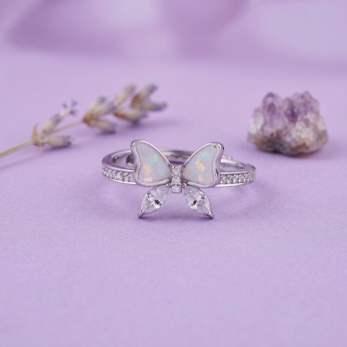 elegant butterfly design ring in pure 92.5 sterling silver with sparkling pavé band – adjustable size