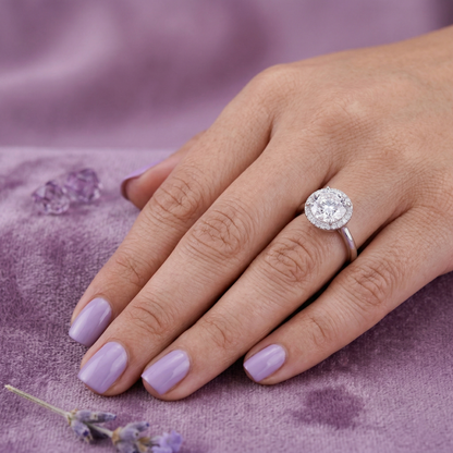 Elegant Round Halo Solitaire Ring in Pure 92.5 Sterling Silver – Adjustable Size