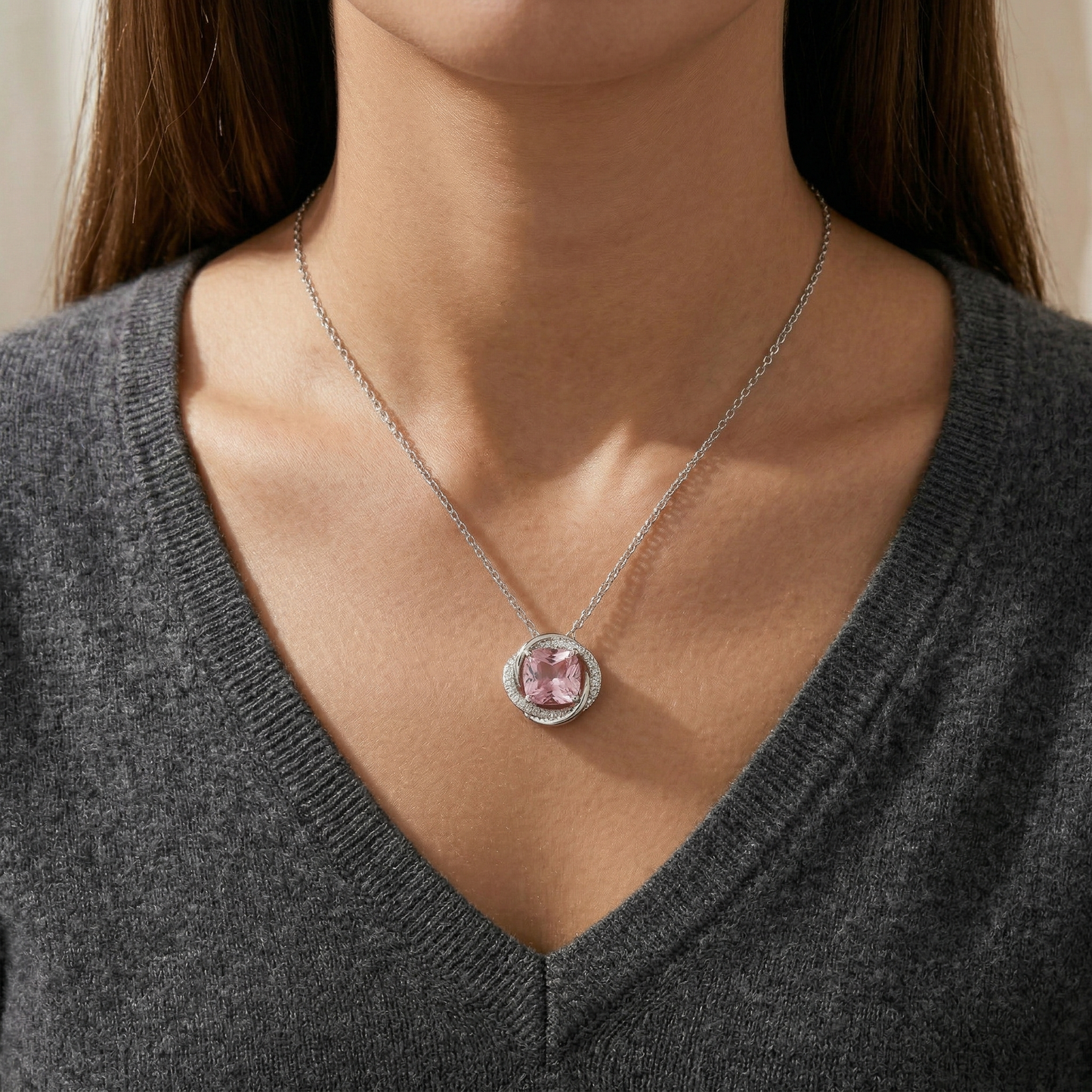 premium blush pink crystal swirl pendant chain in 92.5 sterling silver