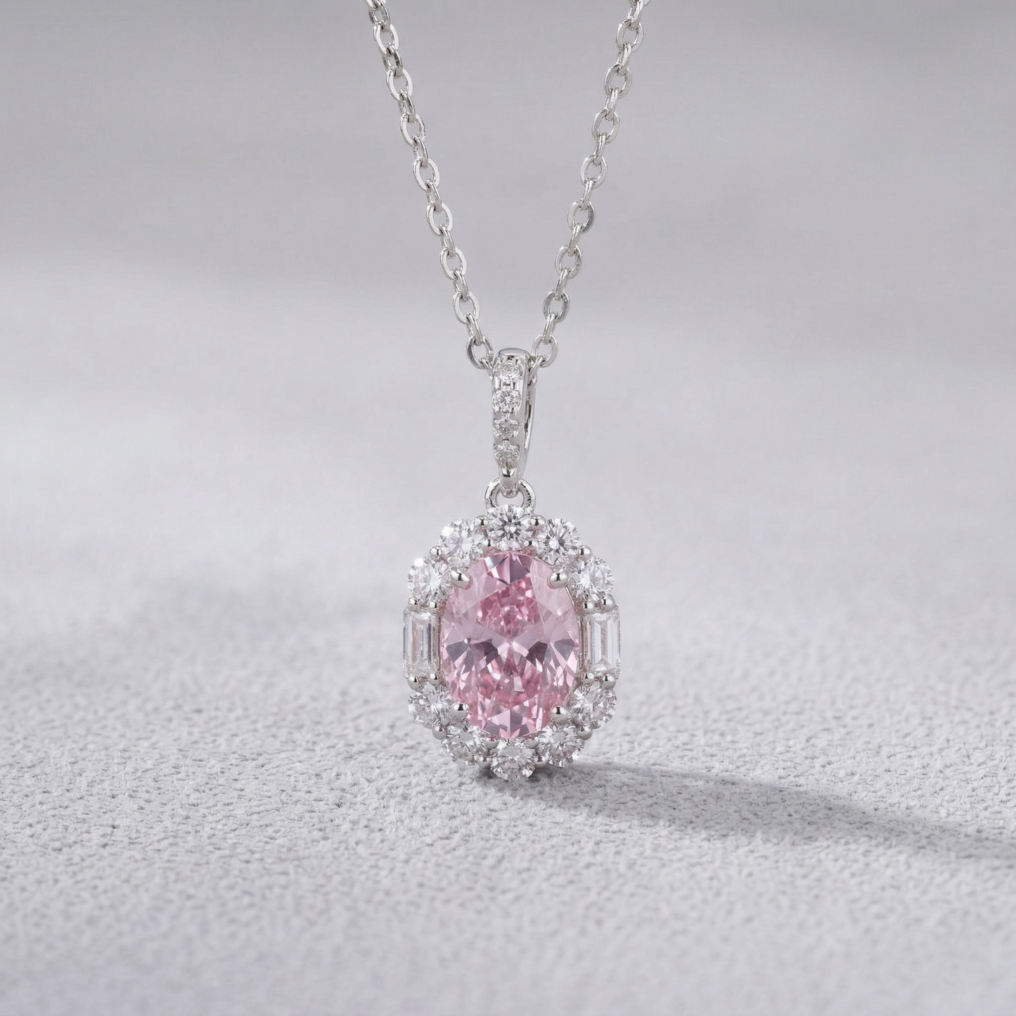 elegant pink oval halo cz pendant necklace in 92.5 sterling silver