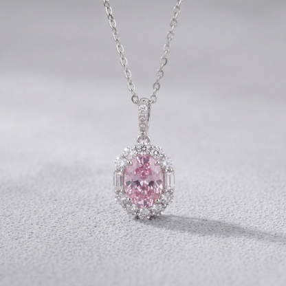 Elegant Pink Oval Halo CZ Pendant Necklace in 92.5 Sterling Silver