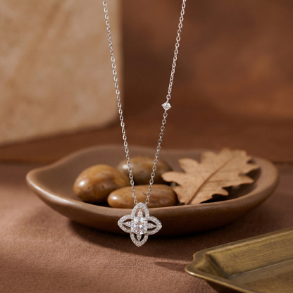 Elegant Four-Petal Halo Crystal Pendant Chain in 92.5 Sterling Silver