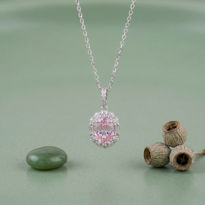 Elegant Pink Oval Halo CZ Pendant Necklace in 92.5 Sterling Silver