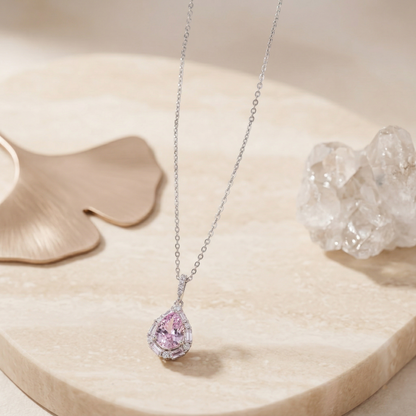 Elegant Teardrop Halo CZ Pendant Necklace in 92.5 Sterling Silver