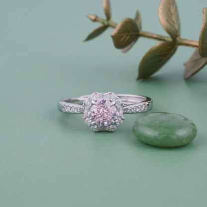 Elegant Floral Halo Solitaire Ring in Pure 92.5 Sterling Silver with Sparkling Pavé Band – Adjustable Size