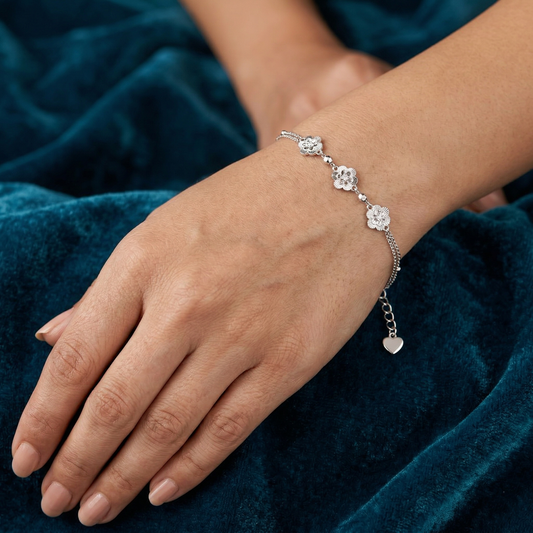 Elegant Triple Floral Motif Layered Bracelet in Pure 92.5 Sterling Silver – Adjustable Fit