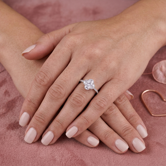 Elegant Clover-Cut Solitaire Ring in Pure 92.5 Sterling Silver with Dainty Pavé Band – Adjustable Size