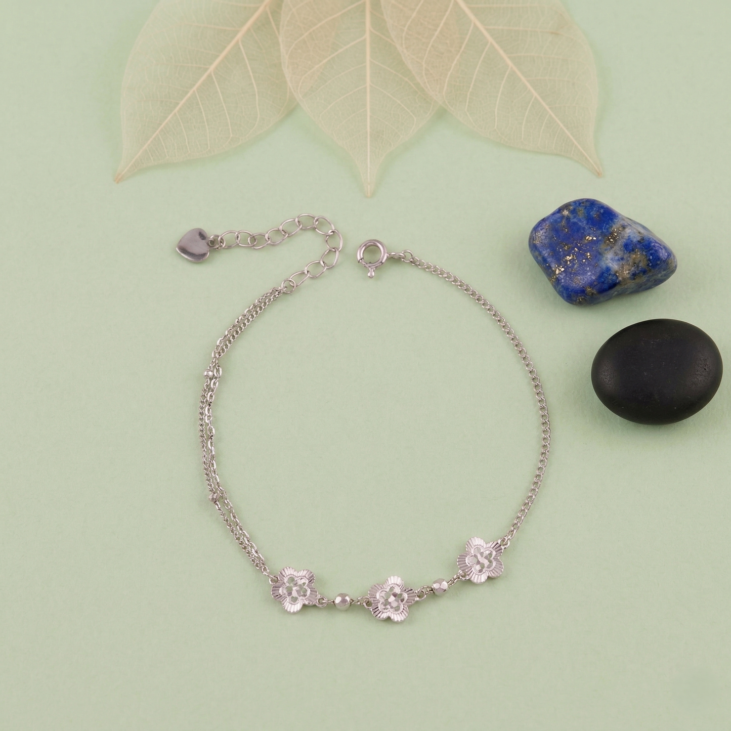 elegant triple floral motif layered bracelet in pure 92.5 sterling silver – adjustable fit