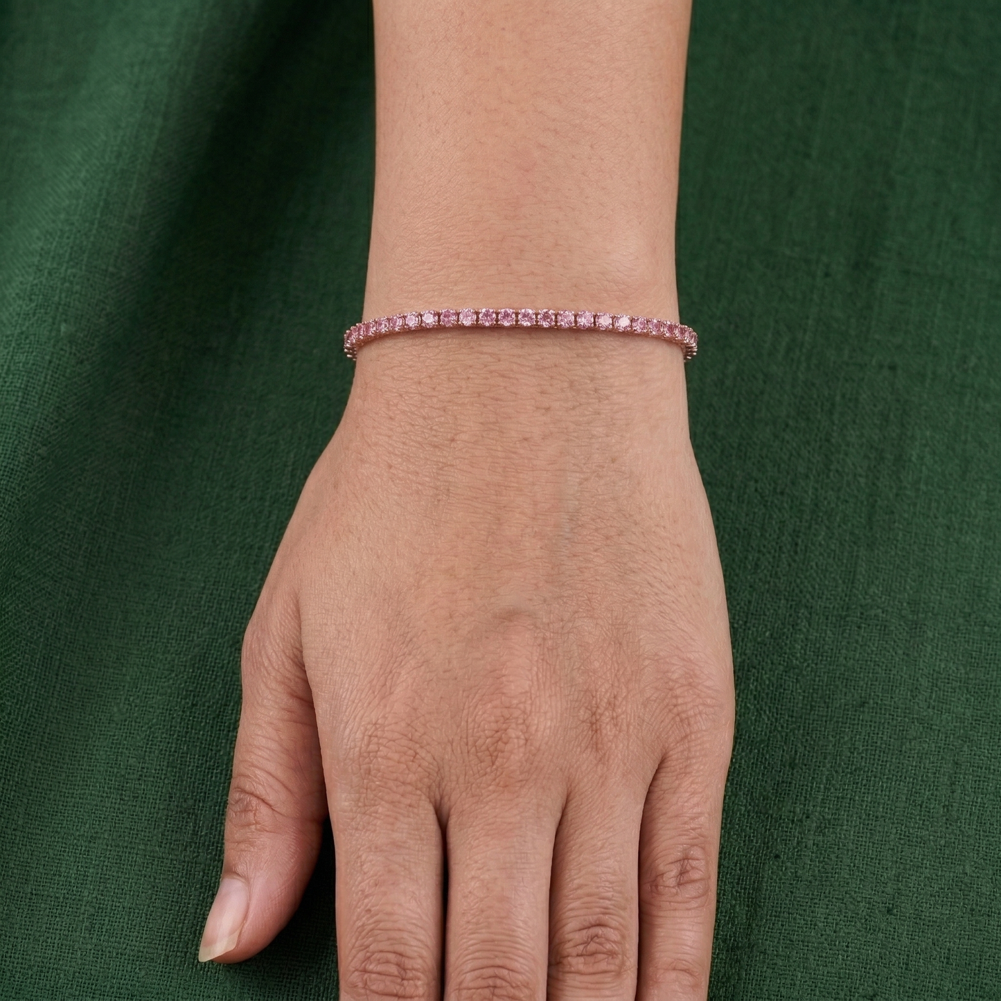 rose gold classic tennis bracelet with sparkling stones in pure 92.5 sterling silver