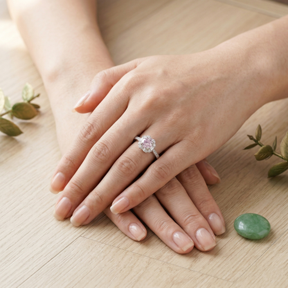 Elegant Floral Halo Solitaire Ring in Pure 92.5 Sterling Silver with Sparkling Pavé Band – Adjustable Size