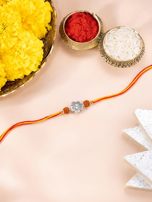 Rudraksha Silver Flower Dual Thread Rakhi