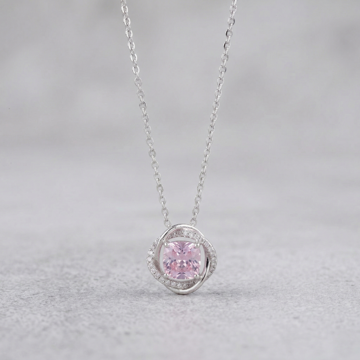 premium blush pink crystal swirl pendant chain in 92.5 sterling silver