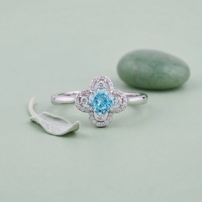 Elegant Clover Halo Solitaire Ring in Pure 92.5 Sterling Silver – Adjustable Size