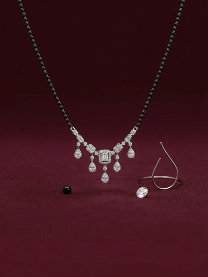 Elegant Silver-Tone Baguette & Teardrop Crystal Mangalsutra with Black Beaded Chain