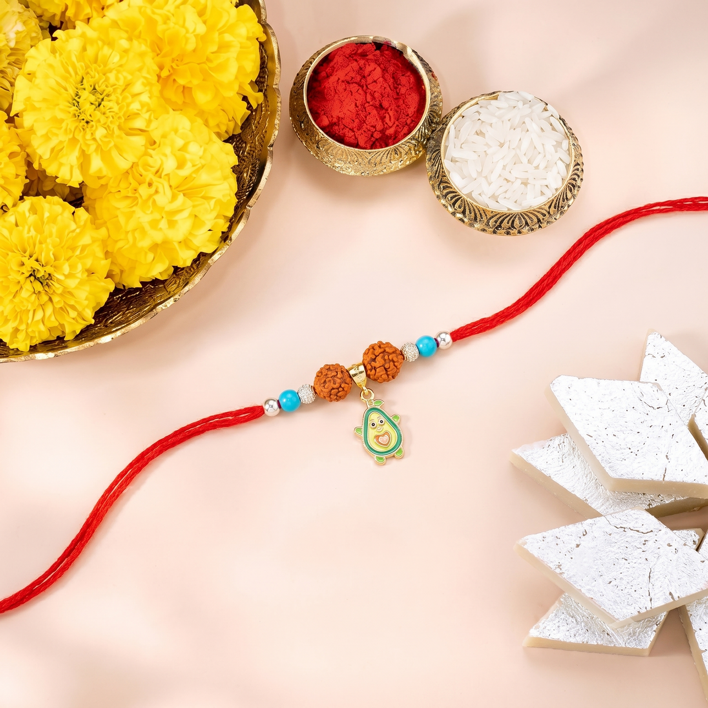 playful avocado rudraksha silver rakhi
