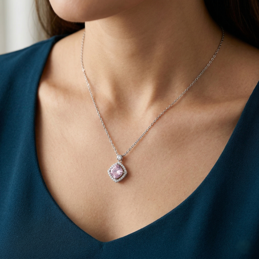 Minimalist Cushion-Cut Halo CZ Pendant Necklace in 92.5 Sterling Silver