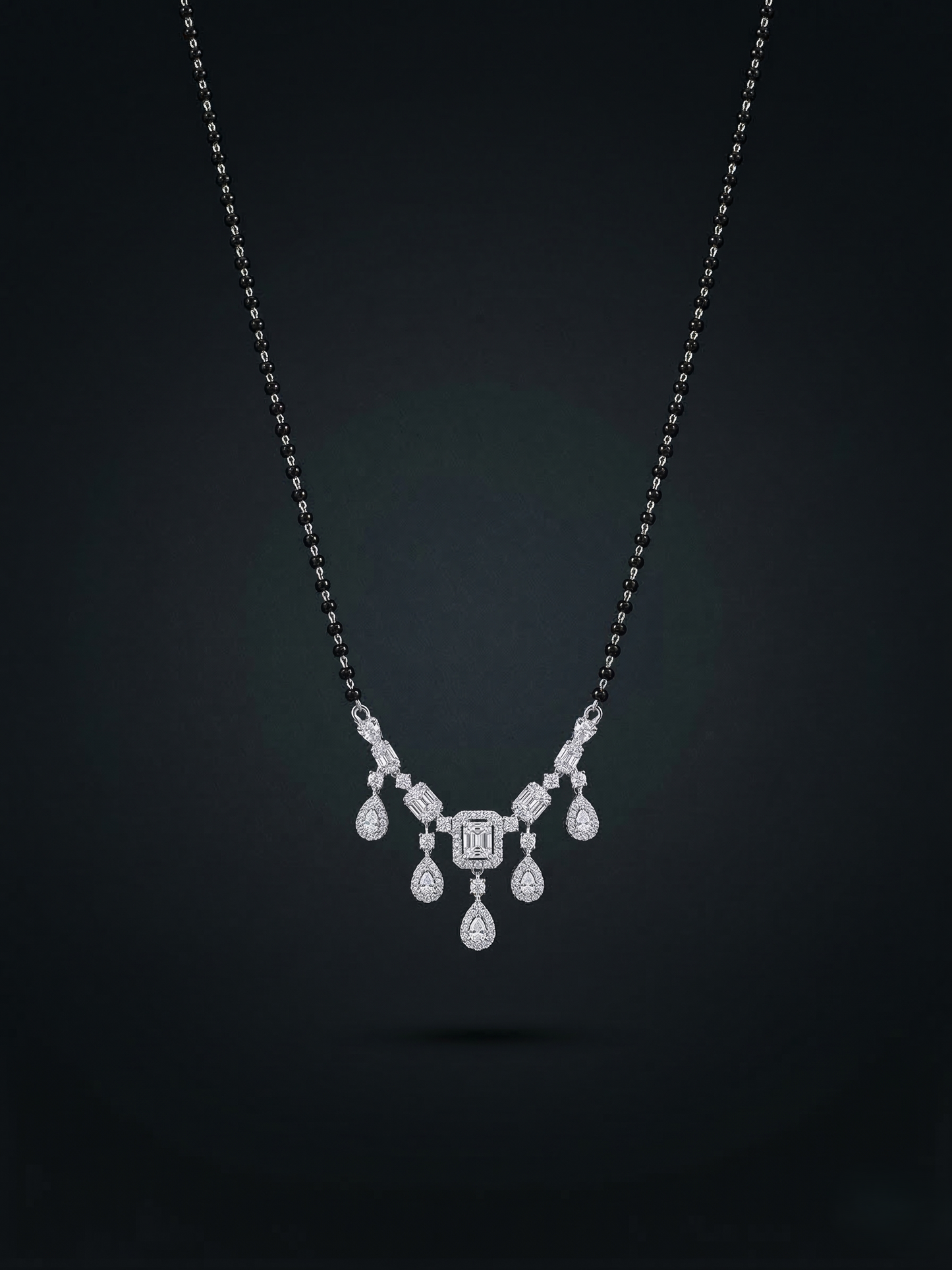 elegant silver-tone baguette & teardrop crystal mangalsutra with black beaded chain