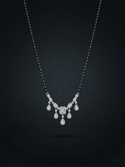 Elegant Silver-Tone Baguette & Teardrop Crystal Mangalsutra with Black Beaded Chain