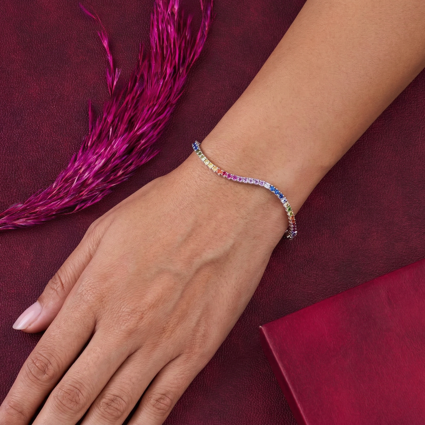 vibrant rainbow tennis bracelet with multicolor stones in pure 92.5 sterling silver