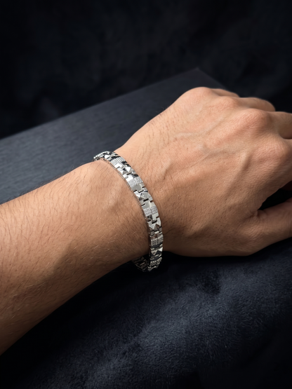 Textured Geometric Link Silver Bracelet