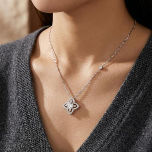 Elegant Four-Petal Halo Crystal Pendant Chain in 92.5 Sterling Silver