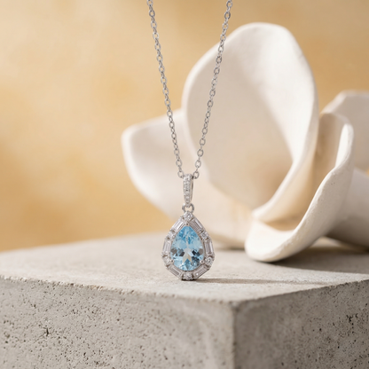Elegant Teardrop Halo CZ Pendant Necklace in 92.5 Sterling Silver