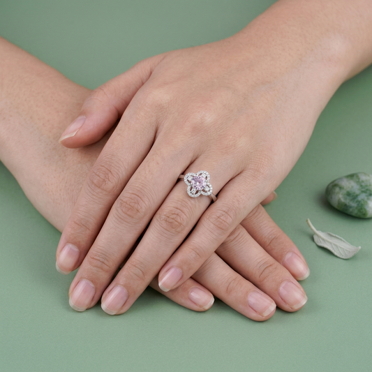 Elegant Clover Halo Solitaire Ring in Pure 92.5 Sterling Silver – Adjustable Size