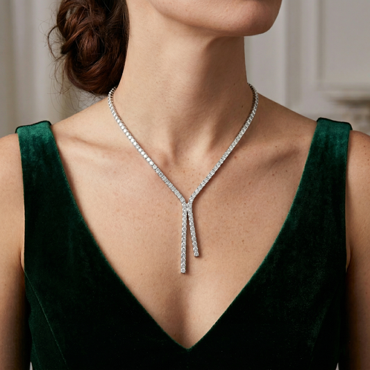 Elegant Double Line Drop Necklace in Pure 92.5 Sterling Silver with Sparkling Round Stones ✨