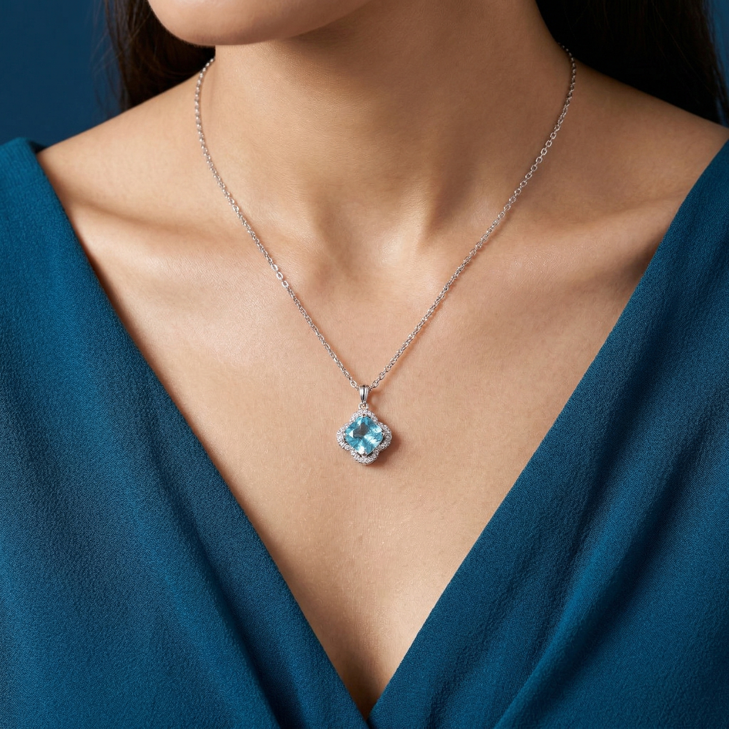 minimalist blue cushion-cut cz pendant chain in 92.5 sterling silver