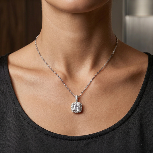 Elegant Cushion Halo CZ Pendant Necklace in 92.5 Sterling Silver