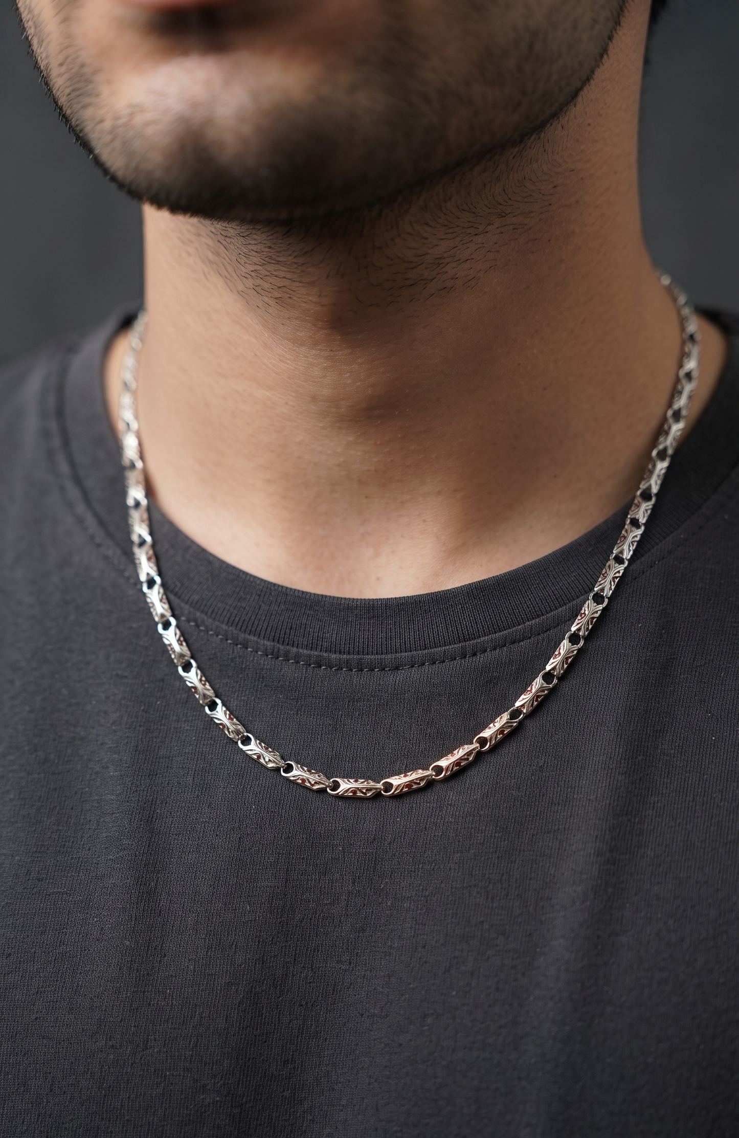artisan etched sterling silver link chain