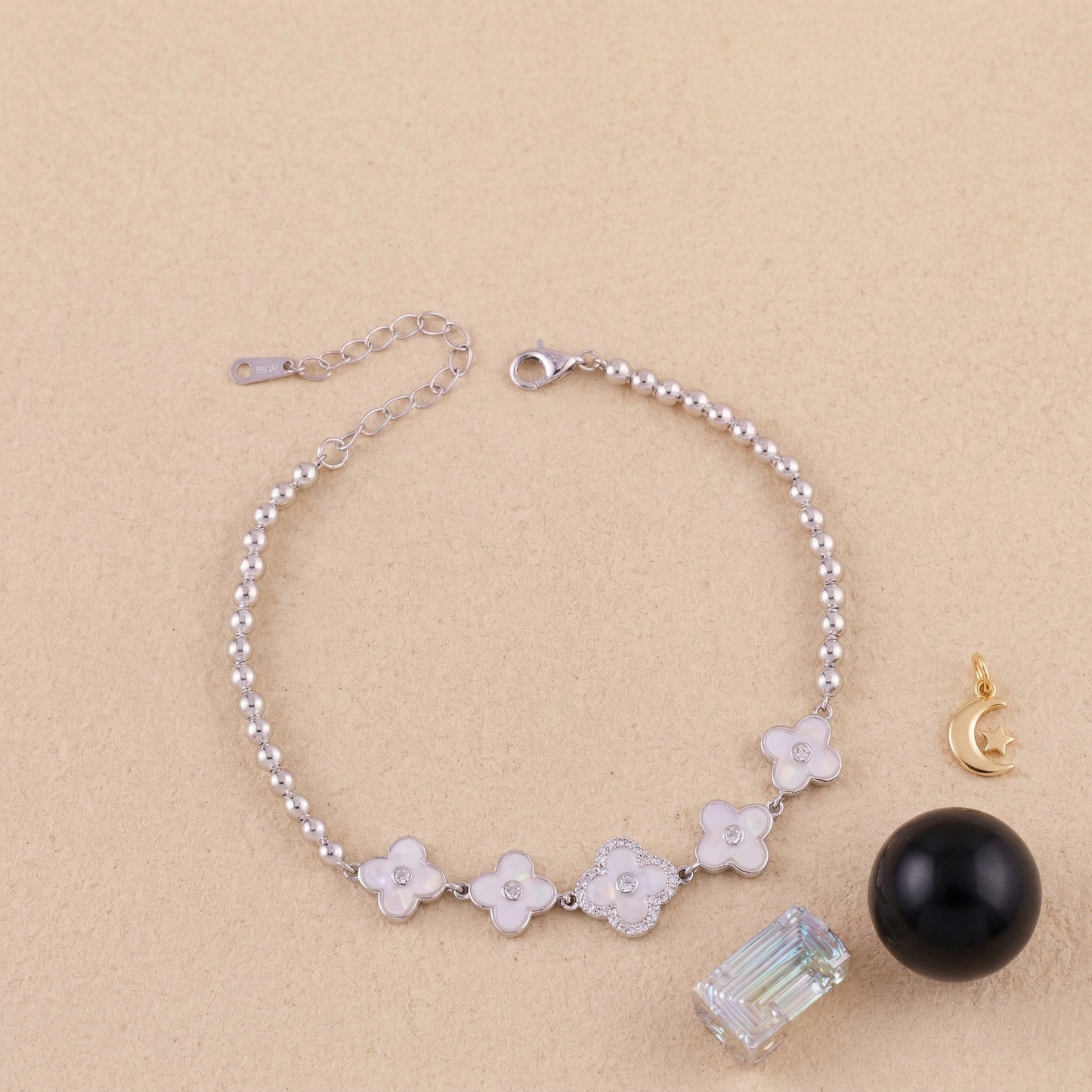 elegant mother of pearl clover bracelet in pure 92.5 sterling silver – adjustable fit