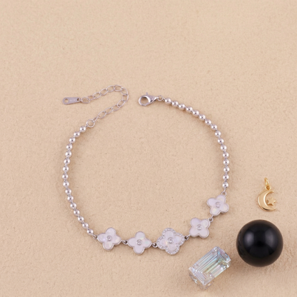 Elegant Mother of Pearl Clover Bracelet in Pure 92.5 Sterling Silver – Adjustable Fit