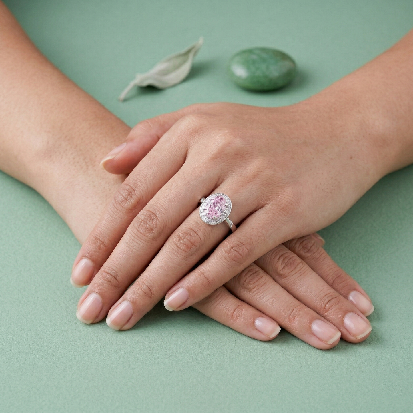 elegant oval halo solitaire ring in pure 92.5 sterling silver with baguette accent frame – adjustable size