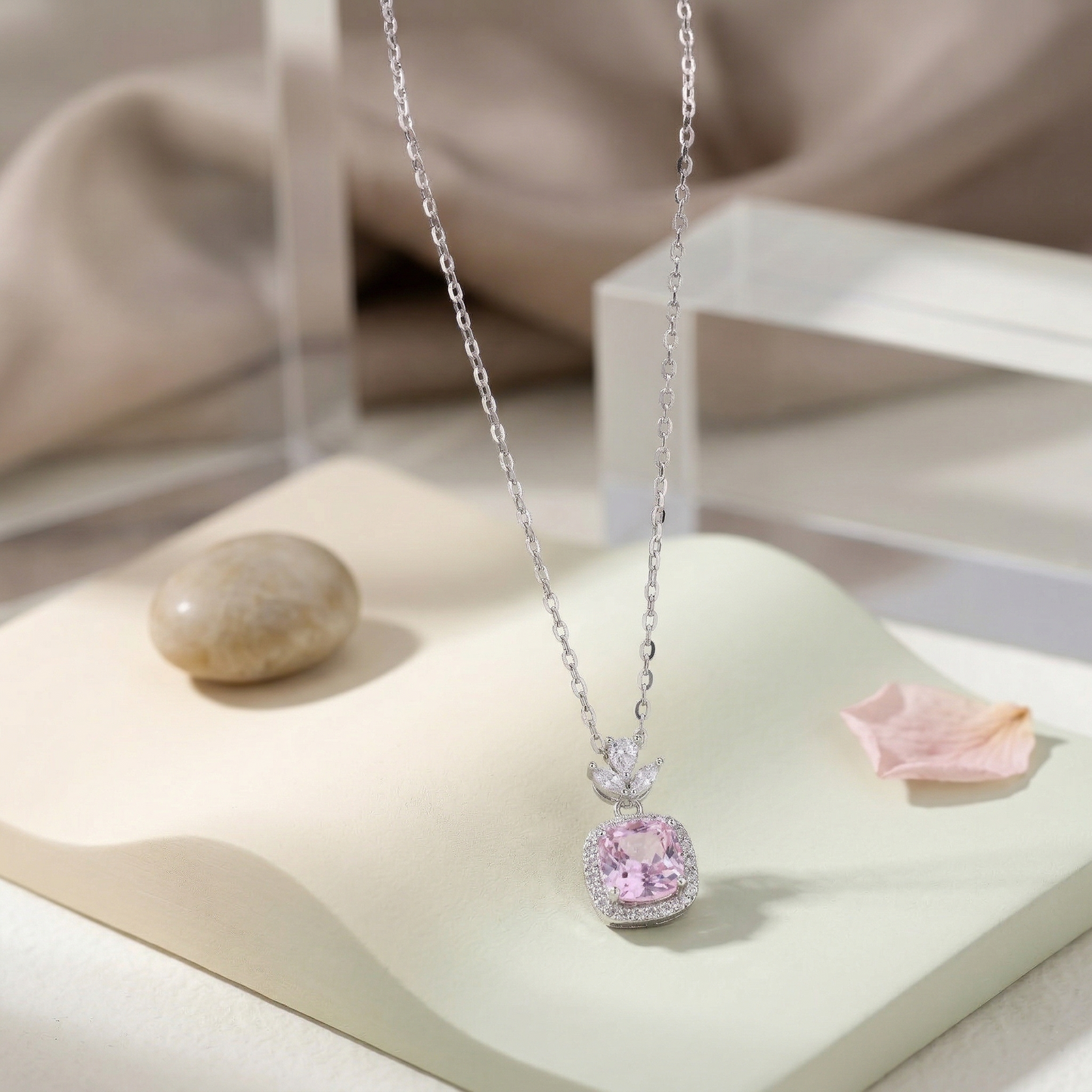 elegant blush pink halo cz pendant necklace in 92.5 sterling silver