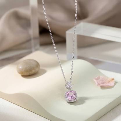 Elegant Blush Pink Halo CZ Pendant Necklace in 92.5 Sterling Silver