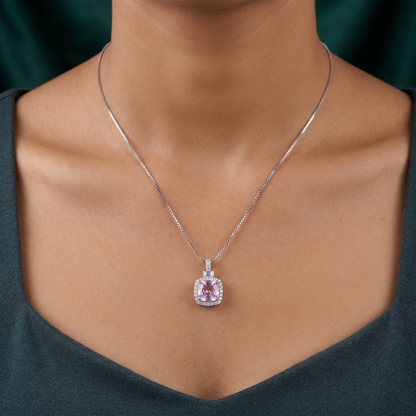 Classic Pink Cushion-Cut CZ Pendant Necklace in 92.5 Sterling Silver