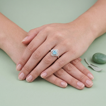 Elegant Clover Halo Solitaire Ring in Pure 92.5 Sterling Silver – Adjustable Size