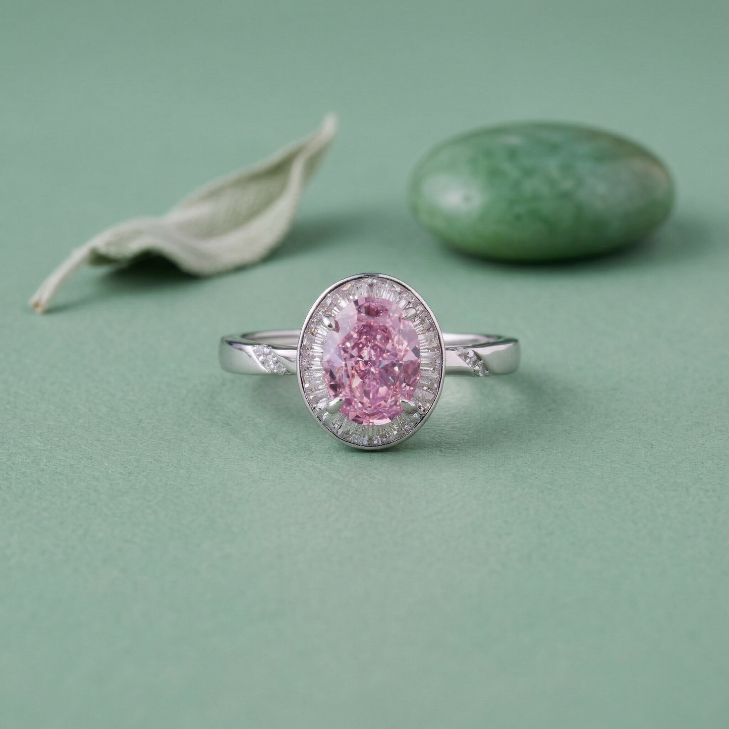 elegant oval halo solitaire ring in pure 92.5 sterling silver with baguette accent frame – adjustable size