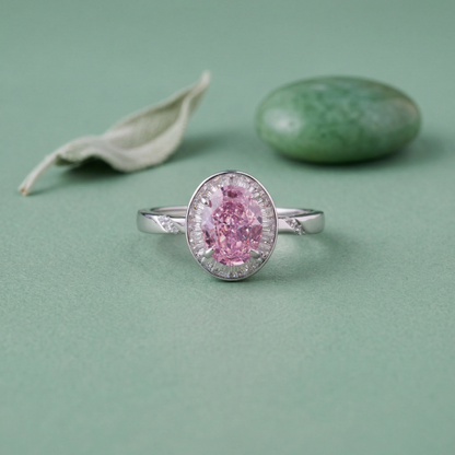 Elegant Oval Halo Solitaire Ring in Pure 92.5 Sterling Silver with Baguette Accent Frame – Adjustable Size
