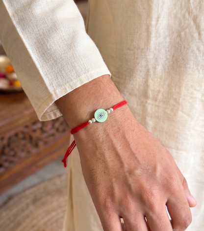 Pink Evil Eye Silver Bead Rakhi