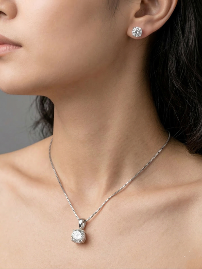 Elegant Silver-Tone Solitaire Crystal Pendant Necklace with Matching Stud Earrings Set