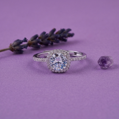 Elegant Round Halo Solitaire Ring in Pure 92.5 Sterling Silver with Sparkling Pavé Band – Adjustable Size