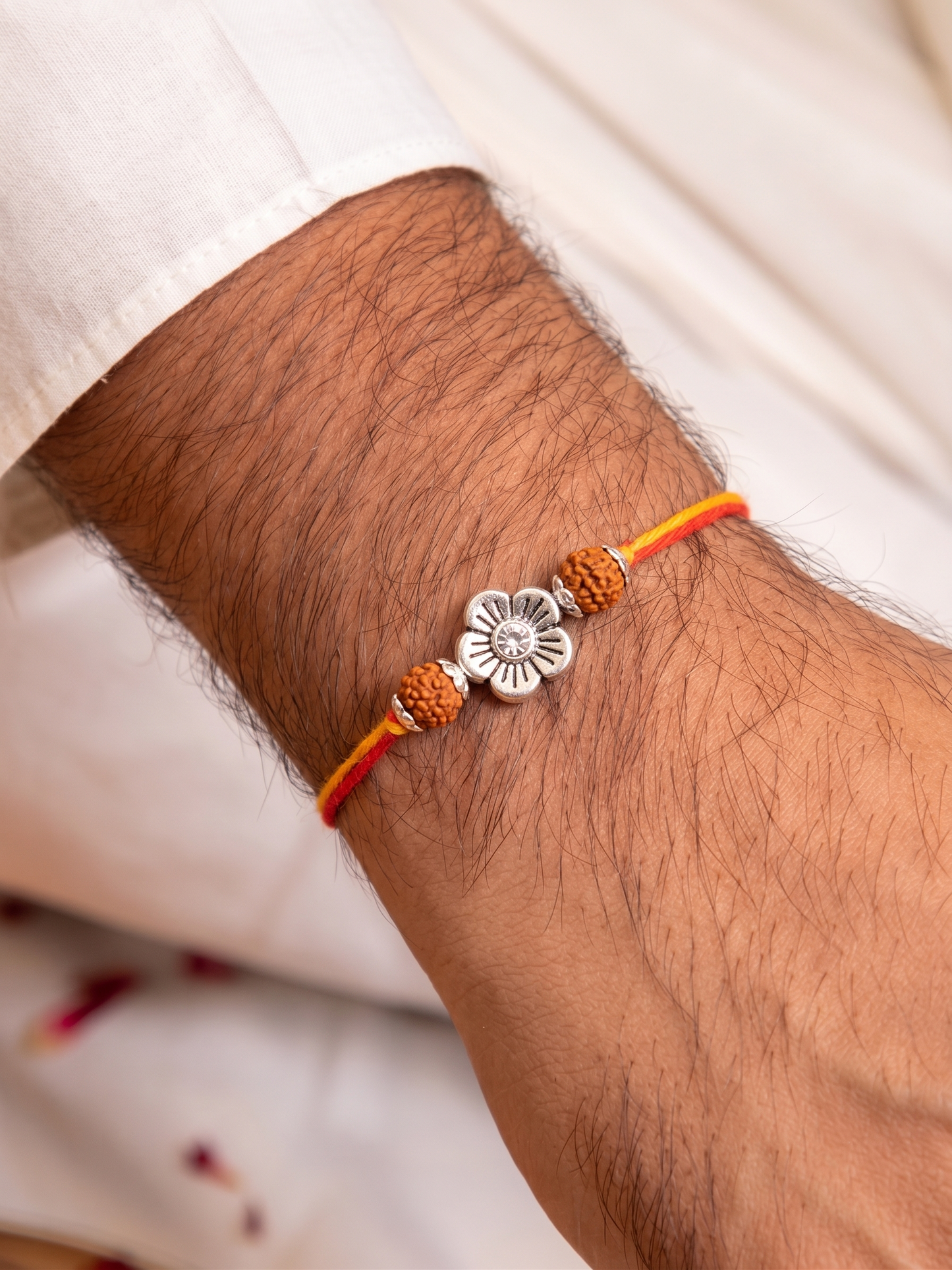 rudraksha silver flower dual thread rakhi