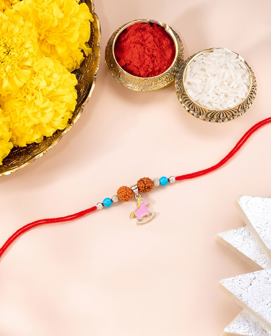 Playful Rocking Horse Rudraksha Silver Rakhi