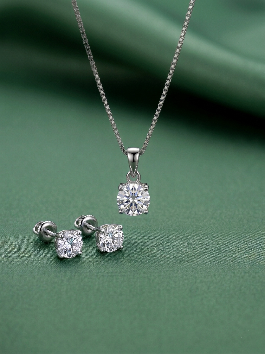 elegant silver-tone solitaire crystal pendant necklace with matching stud earrings set