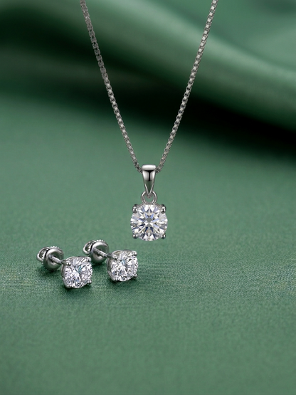 Elegant Silver-Tone Solitaire Crystal Pendant Necklace with Matching Stud Earrings Set