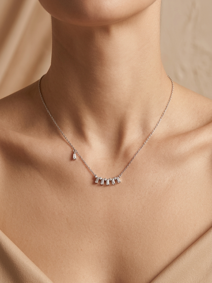 Elegant Silver-Tone Baguette Crystal Bar Drop Chain Pendant